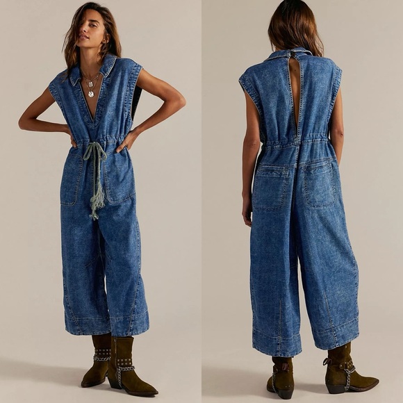Free People Pants - NWT Free People Lantana Cropped Denim Coverall Jumpsuit
